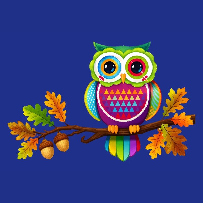 Bunte Eule auf Ast mit Herbstblättern