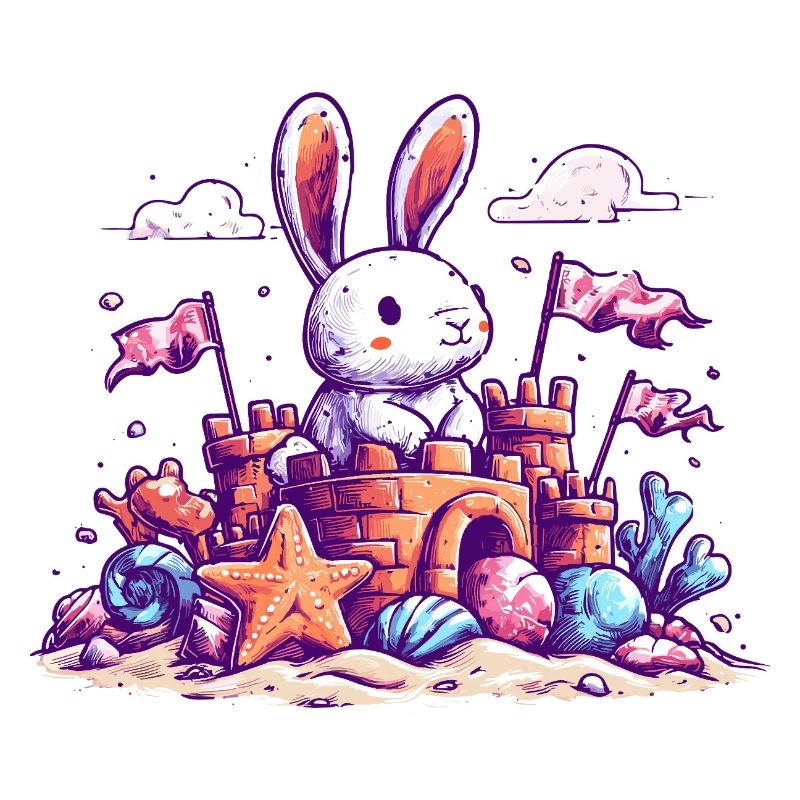 Bunny sur le château de sable de la plage