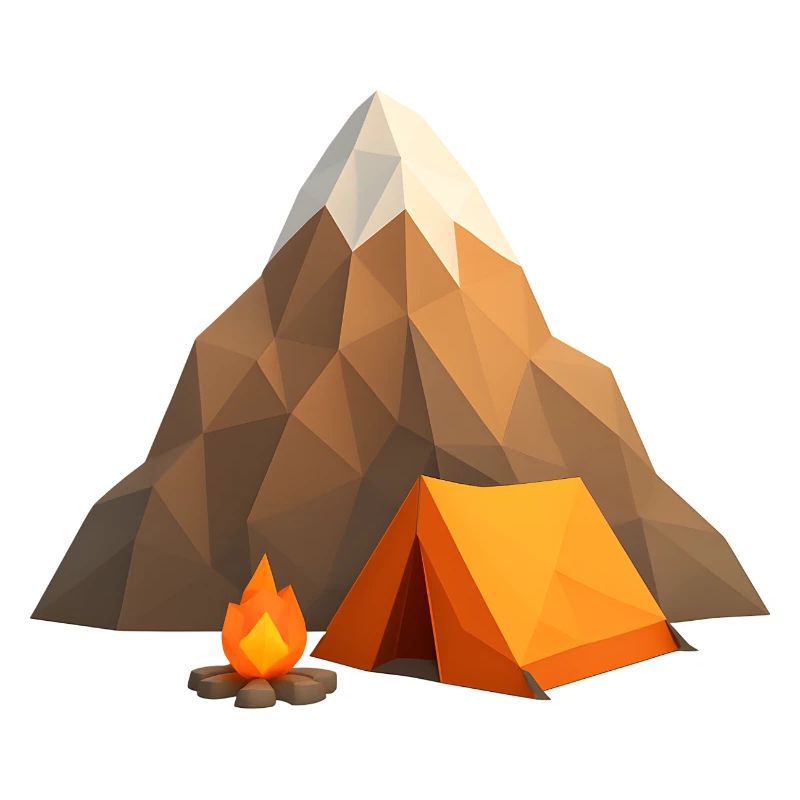 Low-poly mountain camp with tent and fire