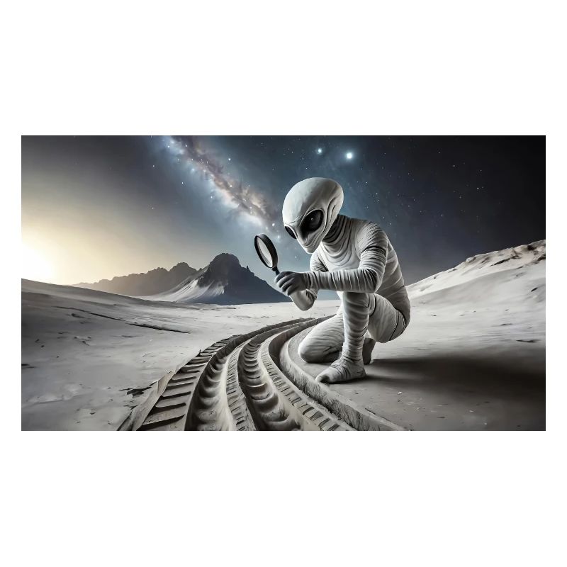 grey alien on the moon surface – observing moon