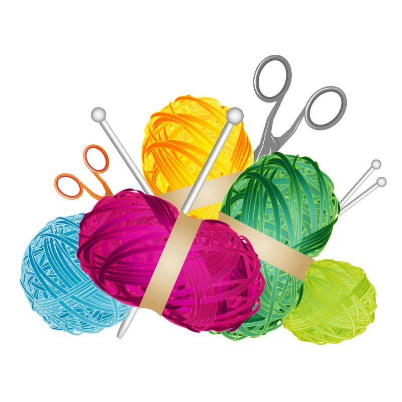 bunte Wollknäuel & Stricknadeln mit Schere