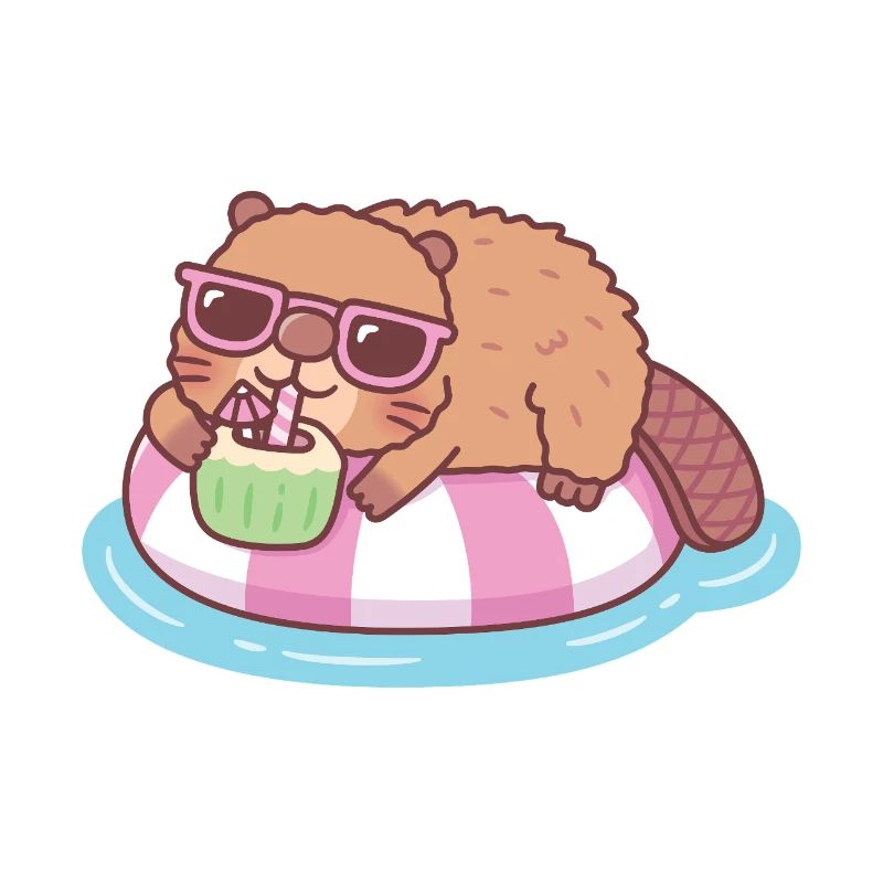 Cute Beaver Chilling On Pool Float With Coconut