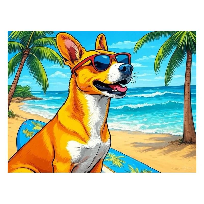 Chien de plage avec planche de surf et lunettes de soleil