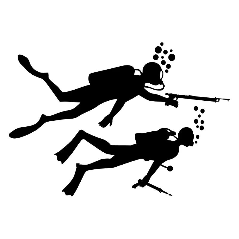 Two underwater divers with harpoons