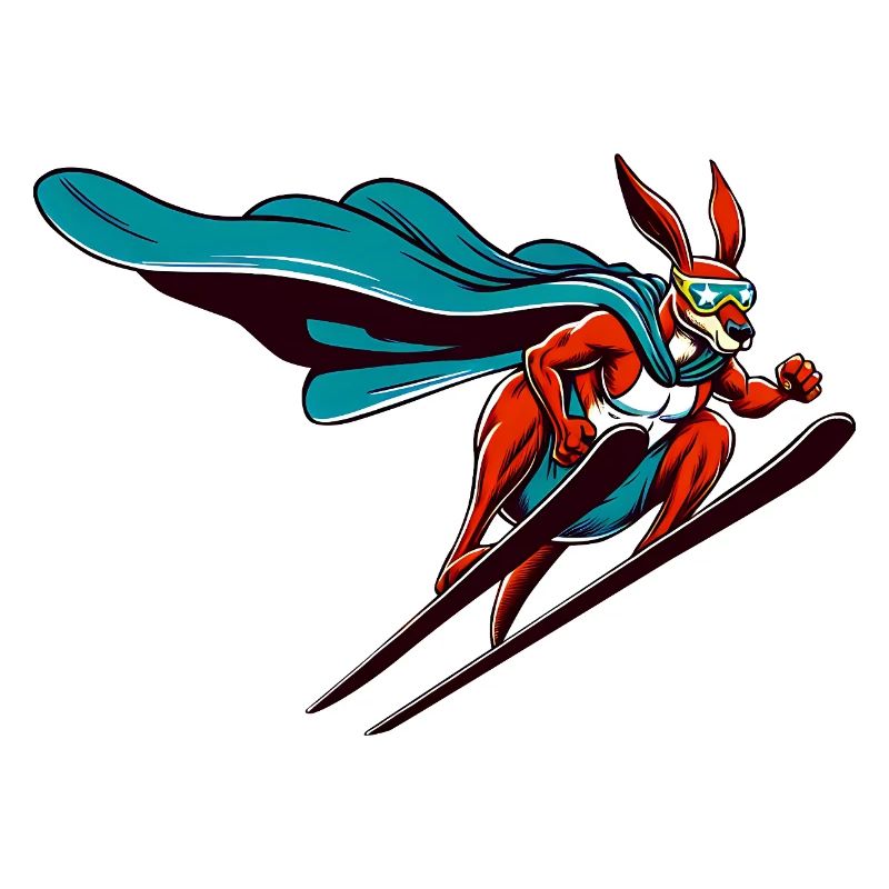 Skiing super bunny with cape and ski goggles