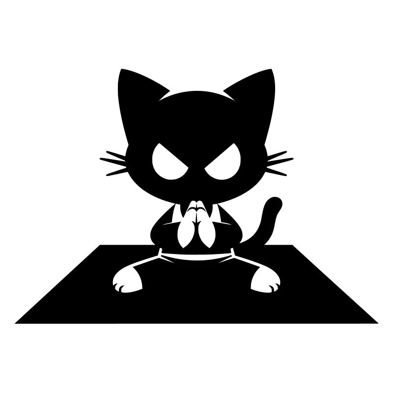 Chat noir en siège zen avec un regard en colère