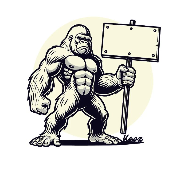 Starker Gorilla mit leerem Schild: Dein Text hier!