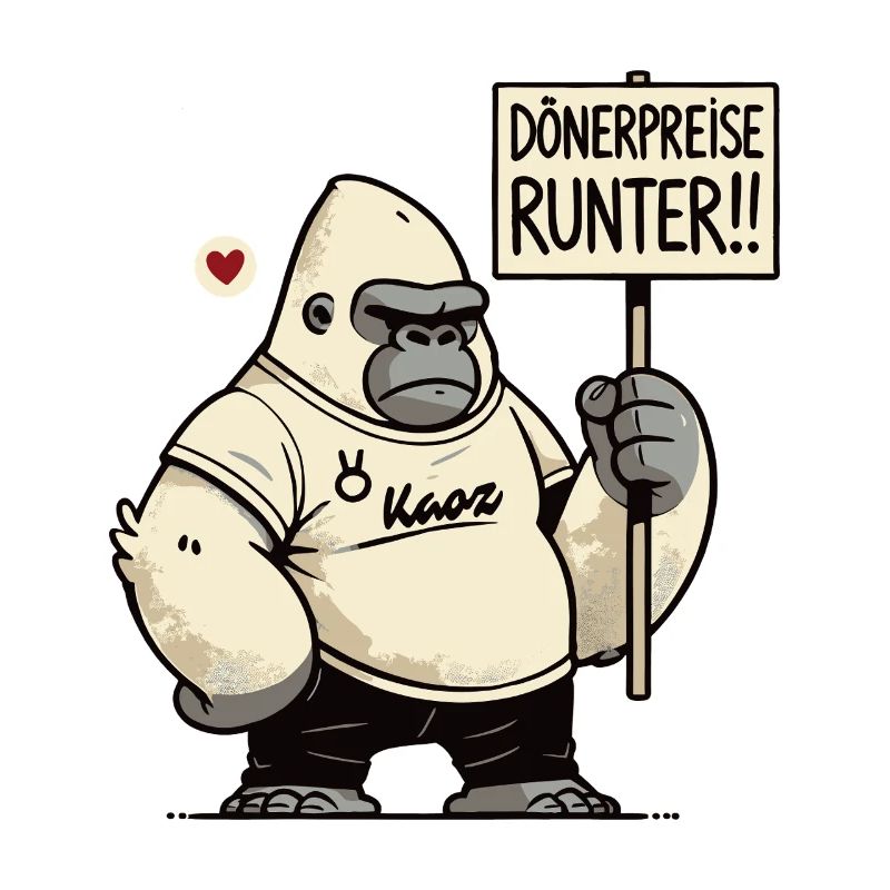 Gorilla Protest mit Schild: Dönerpreise runter!
