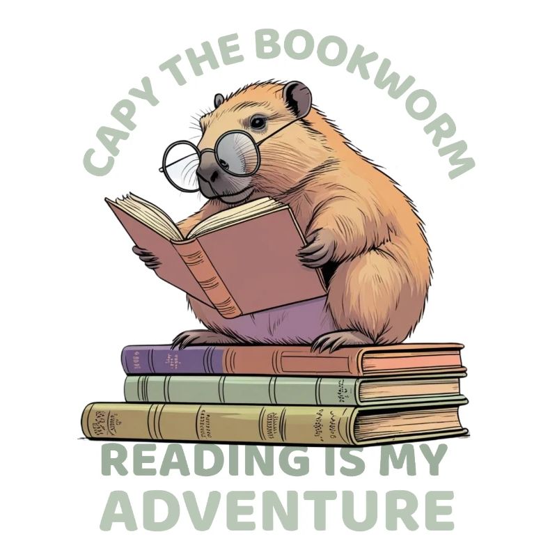 Capybara reading between stacks of books