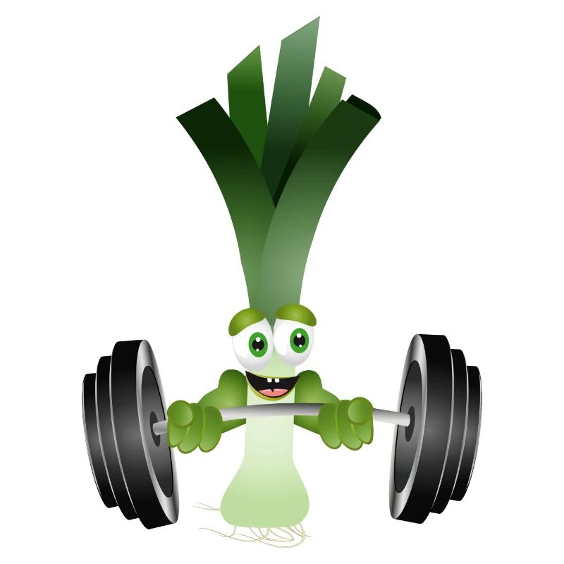 A stick of leeks with a dumbbell while exercising