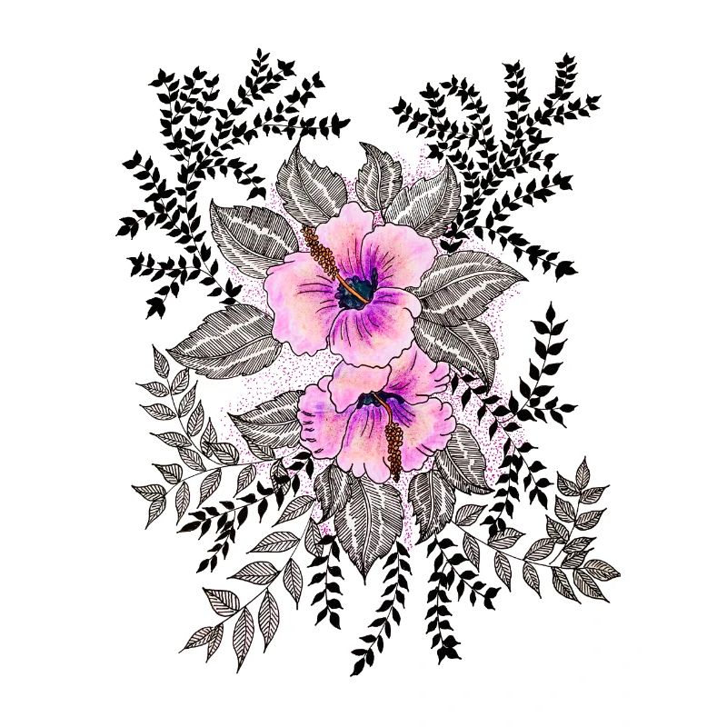 Pink Hibiskus Muster mit Schwarzweiß-Blättern