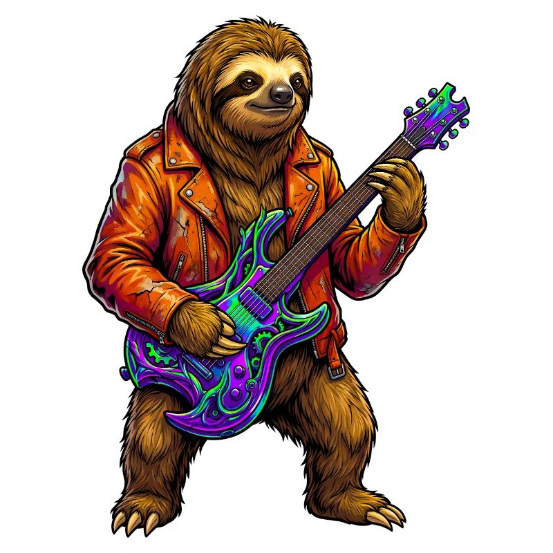 Sloth in leather jacket with neon electric guitar