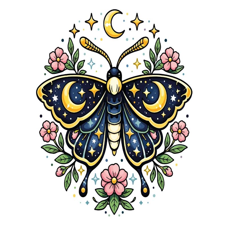 Papillon céleste lune fleurs étoiles