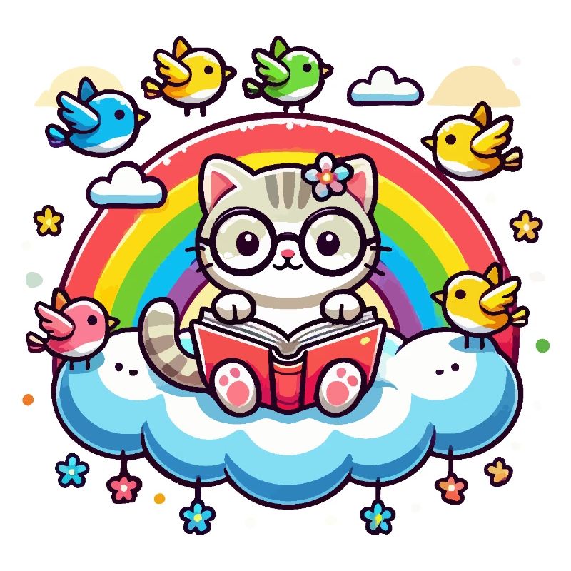 Katze liest ein Buch auf einer Wolke