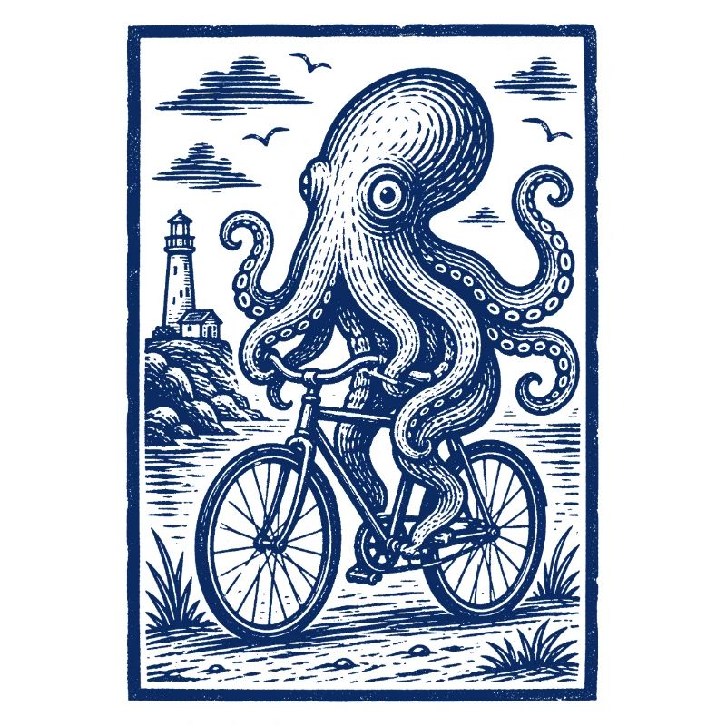 Octopus on Bicycle – Maritime Woodcut