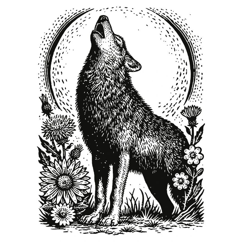 Howling Wolf in Floral Circular Frame