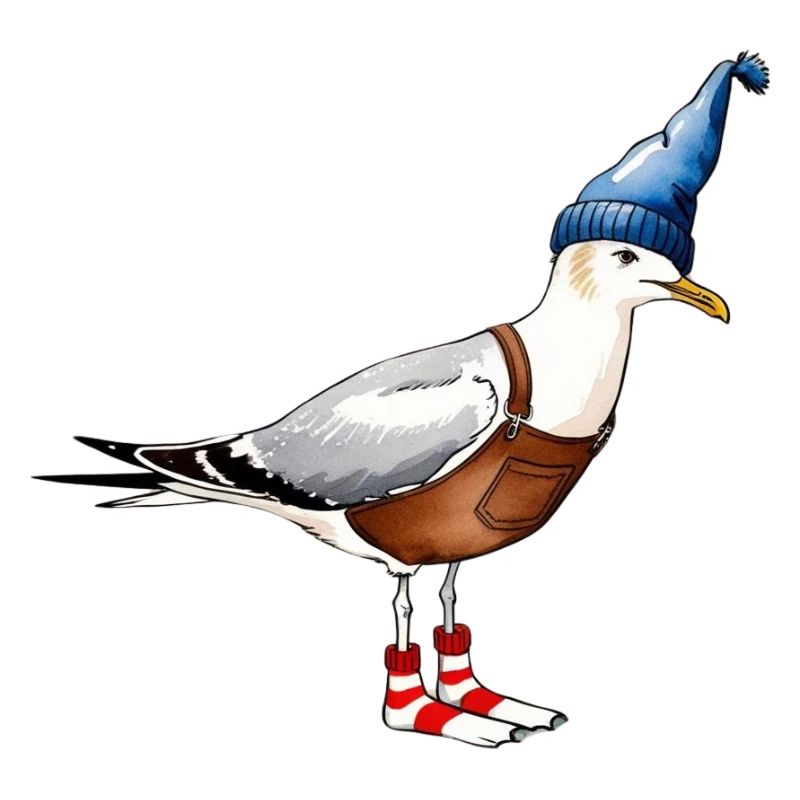 Funny seagulls illustration with cap & dungarees