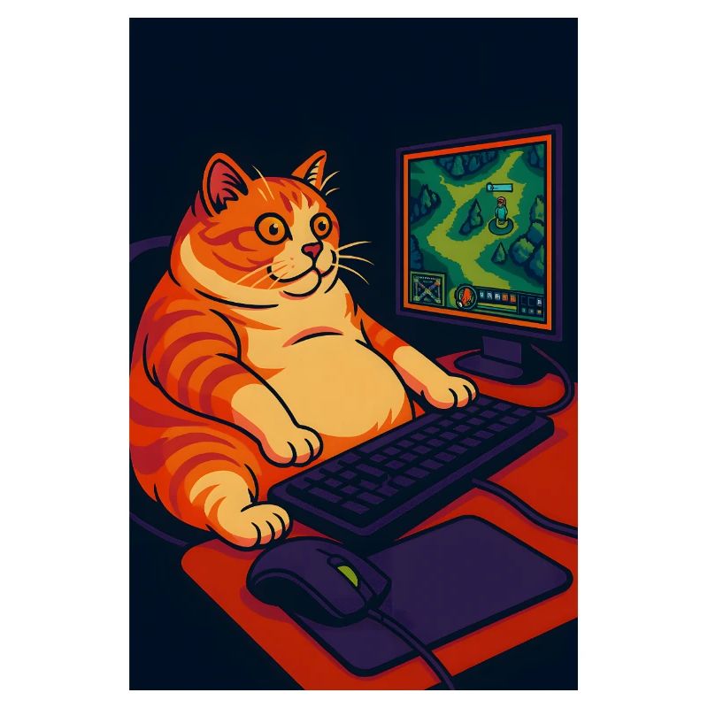 Chubby Gaming Cat with Retro Pixel Art