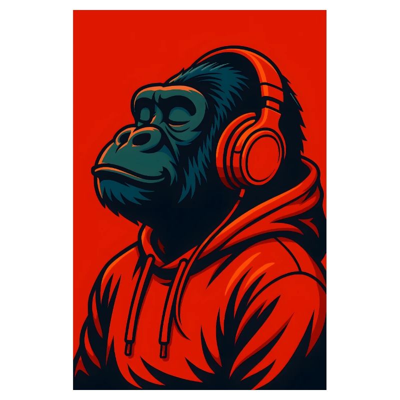 Gorilla im Kapuzenpullover mit Kopfhörern