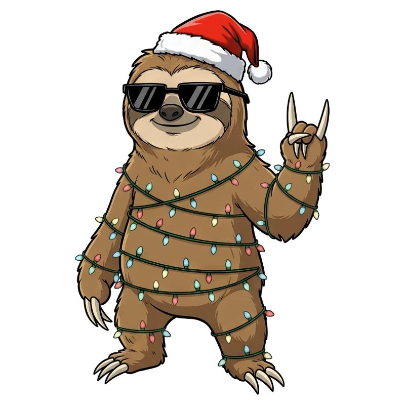 Cute Sloth with Christmas String Lights Cartoon