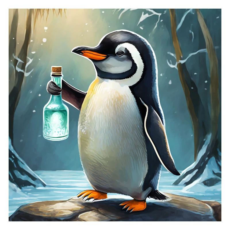 pingouin avec une bouteille de à la main