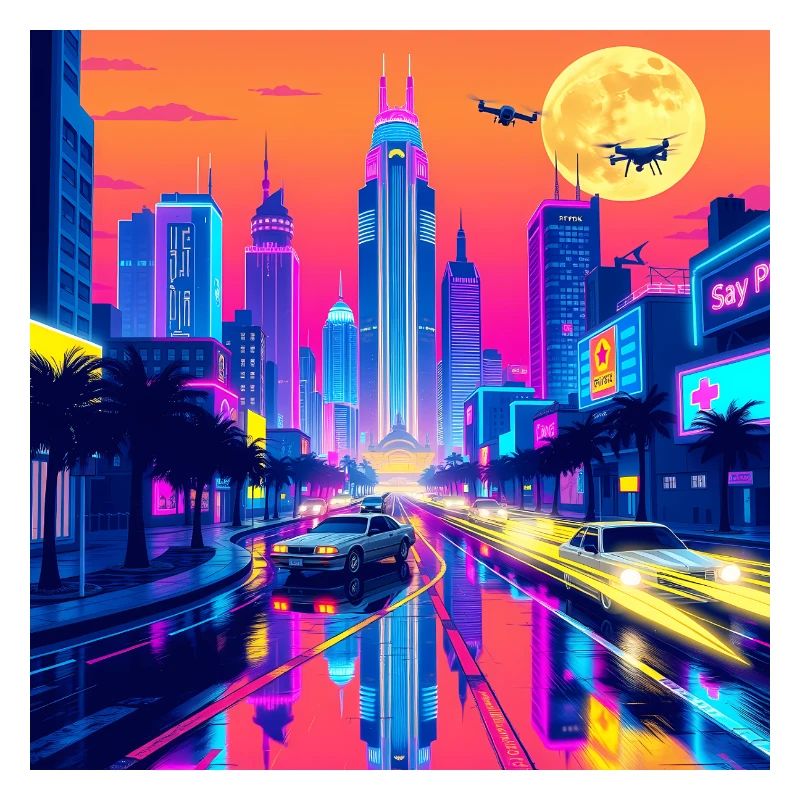 Retro Wave Stadtbild: Eine nostalgische Reise durch