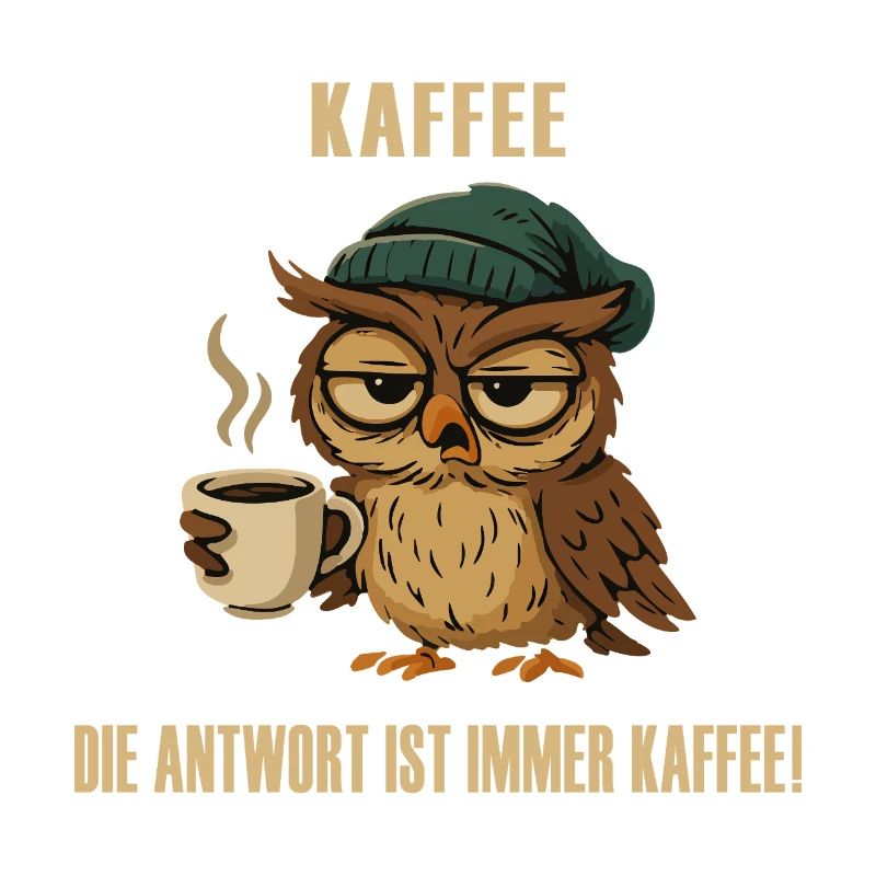 Müde Eule mit Kaffee – lustiger Spruch.