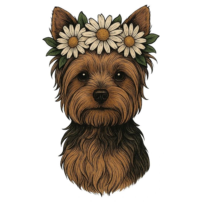 Yorkshire Terrier mit Gänseblümchenkrone
