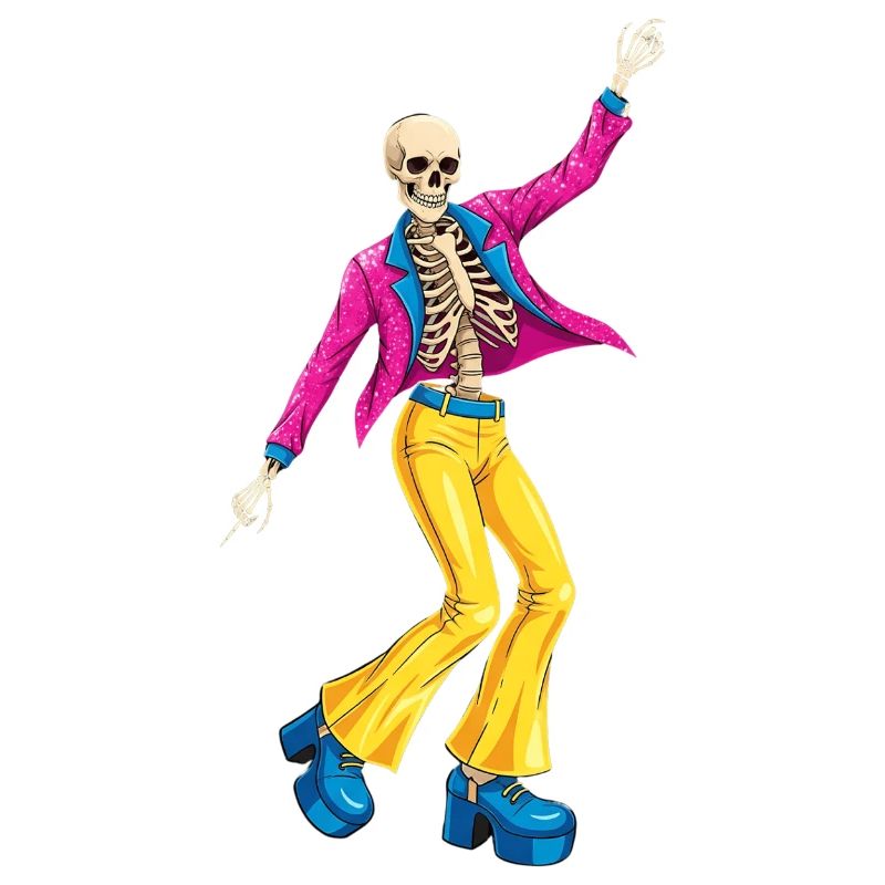 Dancing skeleton in 70s retro style