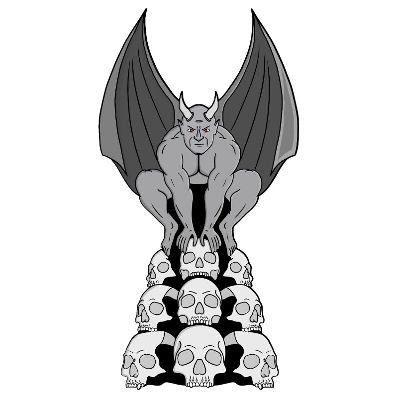 Gargoyle demon over skulls
