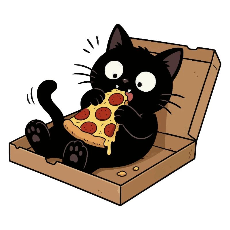 Black cat enjoying pizza