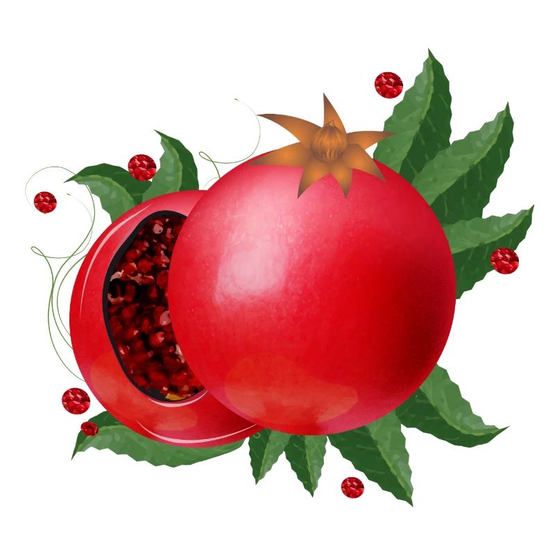 blutrote geöffnete Granatäpfel mit Blätter