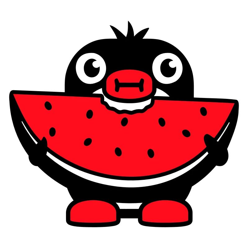 Penguin eats melon fruit delicious hunger bite cool