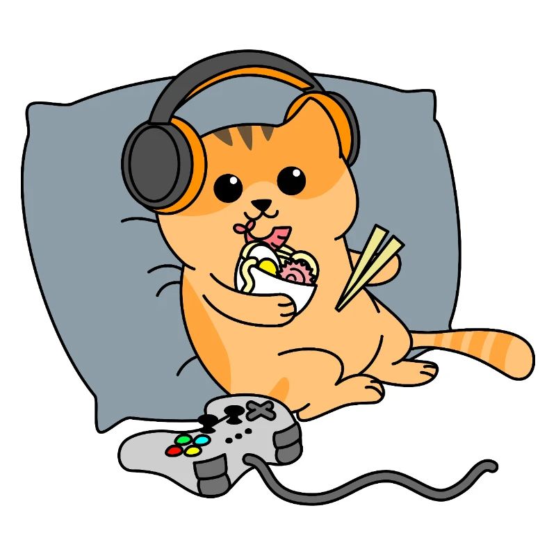 Chat jouant aux jeux vidéo au lit Mangeant des ramen