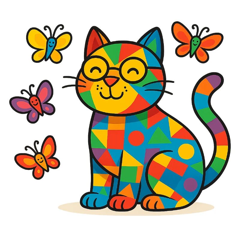 Patchwork Cat with Colorful Butterflies
