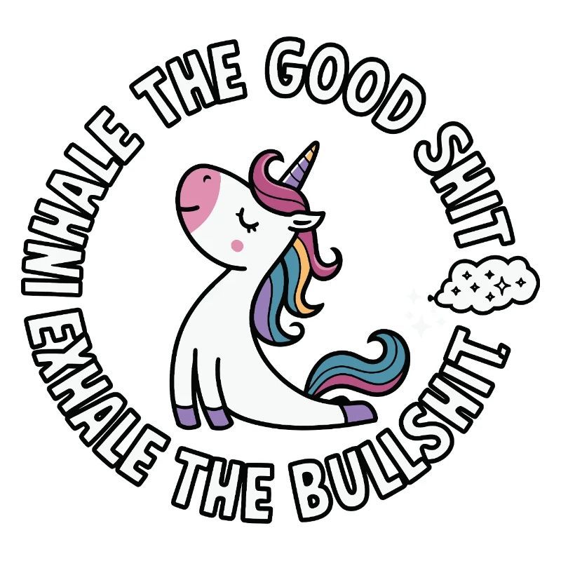 Rundes Einhorn mit buntem Haar Einatmen Bullshit