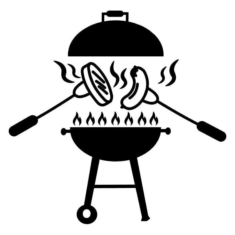 BBQ grill above which forks with sausage and hamburger