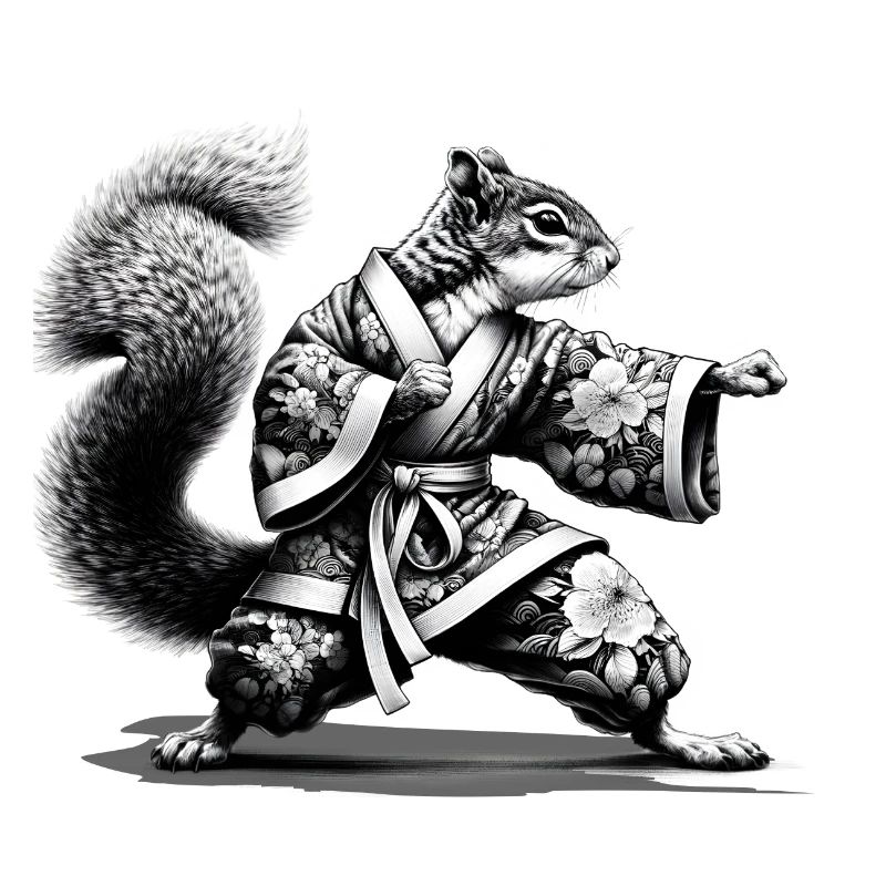 Eichhörnchen mit Kimono in einer Kung Fu Stellung