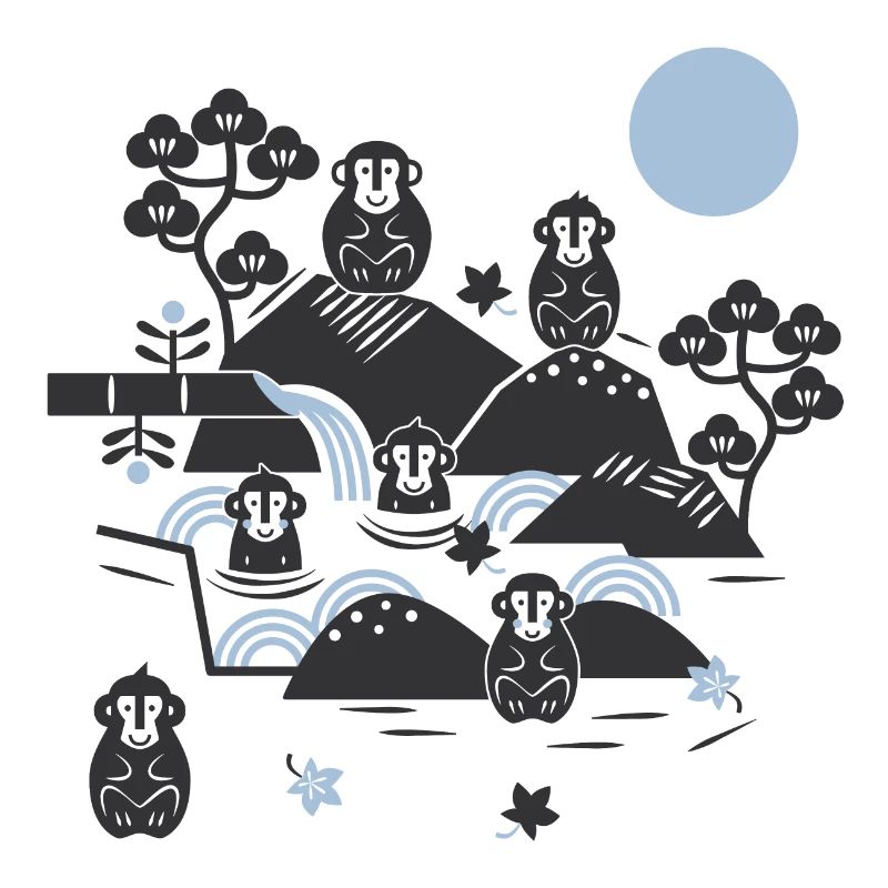 Singes effrayants dans une source chaude l noir bleu