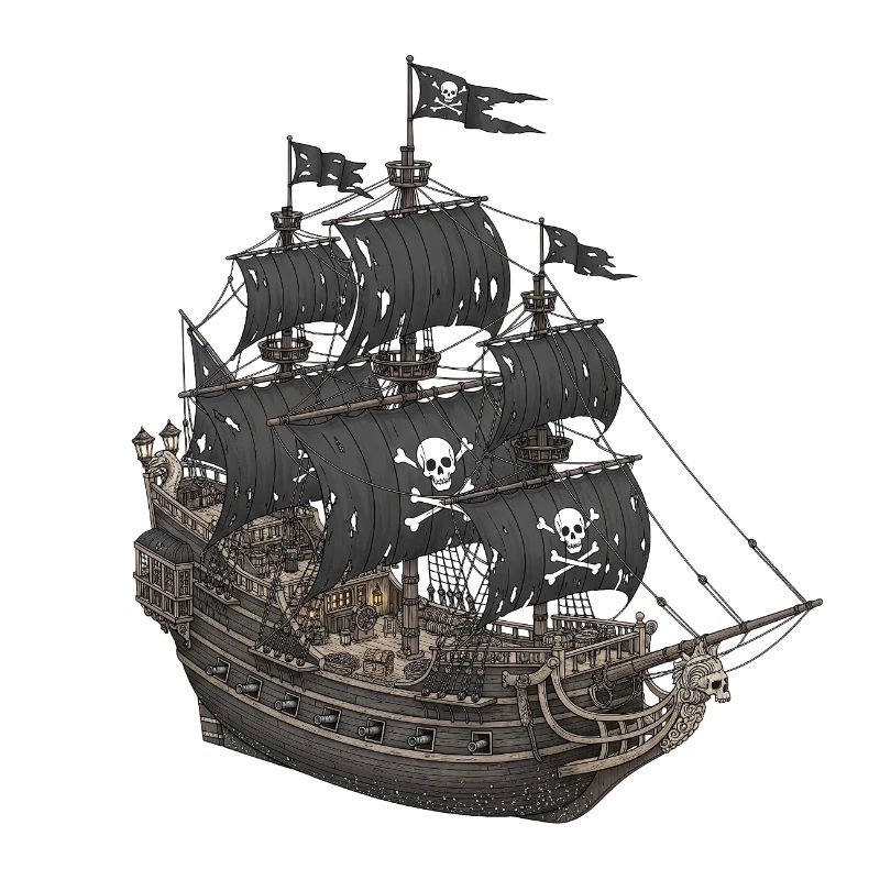 Abandoned pirate ship with skull logo