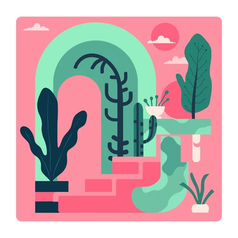 Abstrakte Gartenlandschaft in Pink Retro‑Stil