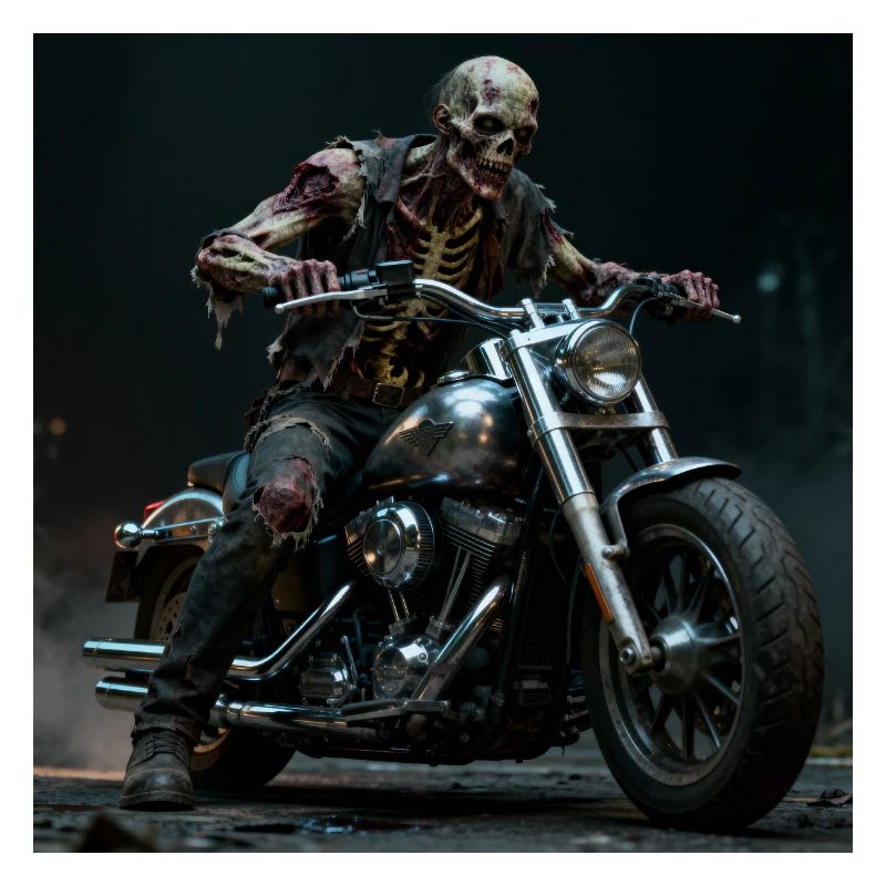 Zombie biker on motorcycle in pit light