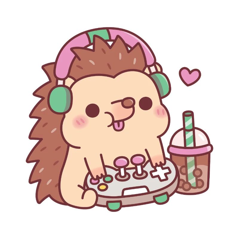 Cute Hedgehog With Game Controller And Boba Tea
