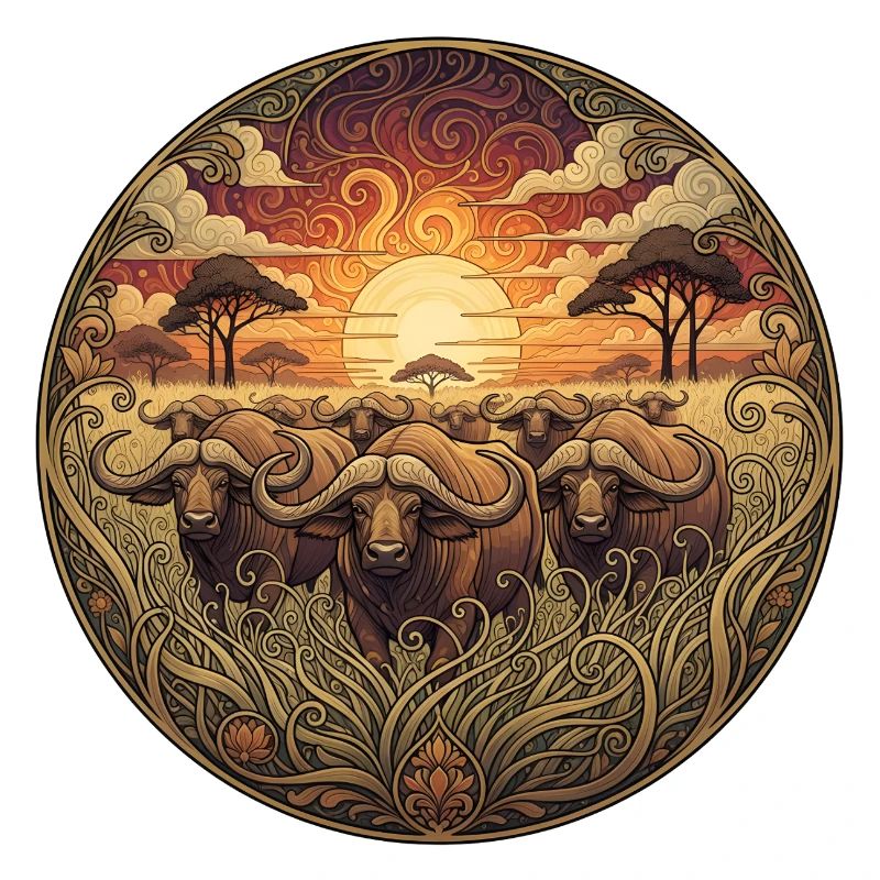 Art circulaire du coucher de soleil du gnou