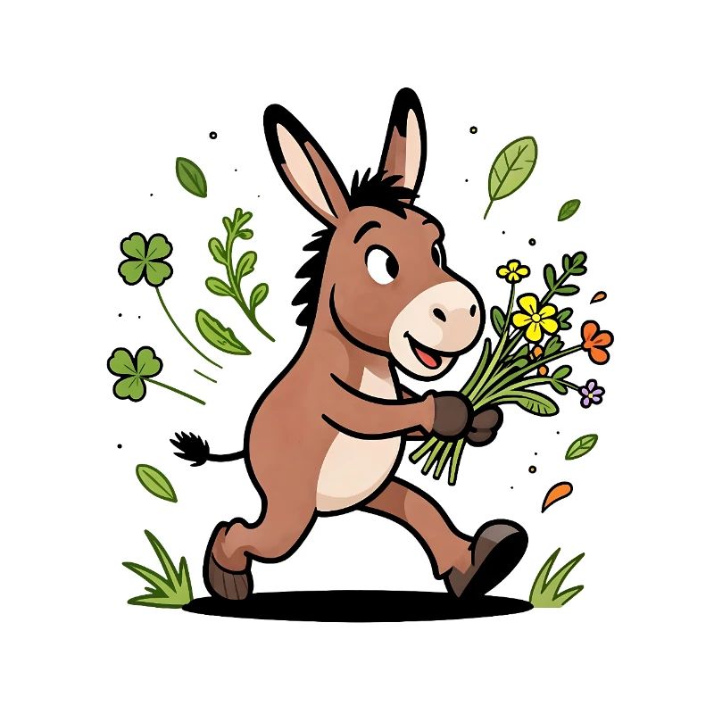 Happy donkey and spring bouquet