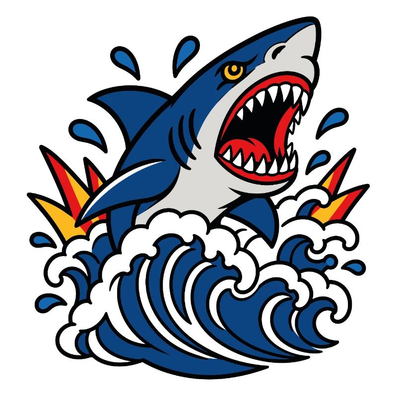 Furious shark in the tattoo style waves