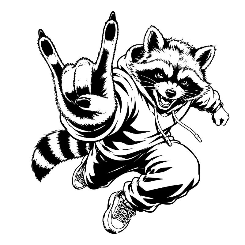 Rockender Waschbär mit Pommesgabel