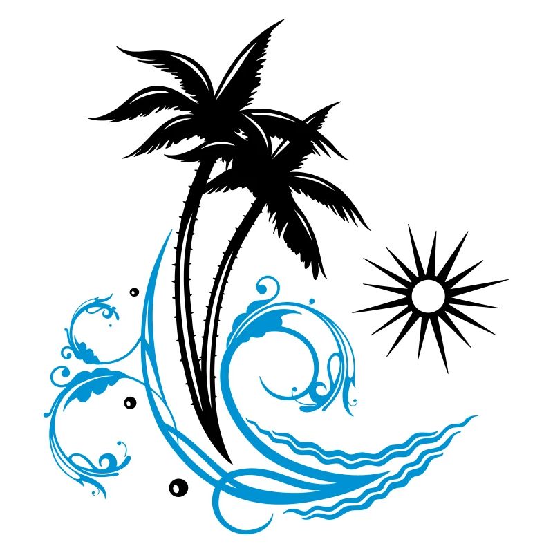 Palm trees with wave and sun, vacation, surf