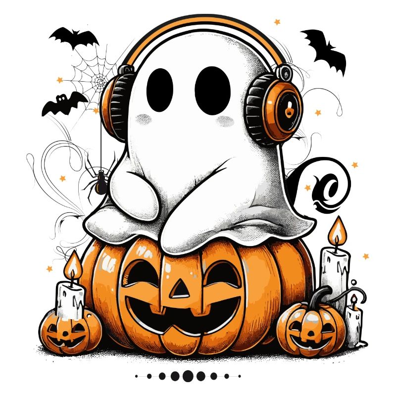 cool ghost with headphones on halloween pumpkin