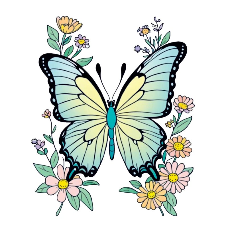 Papillon Bleu Avec Fleurs, Papillon